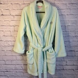 Victoria’s Secret Plush Robe M-L Mint Green Short Embroidered Fleece Housecoat